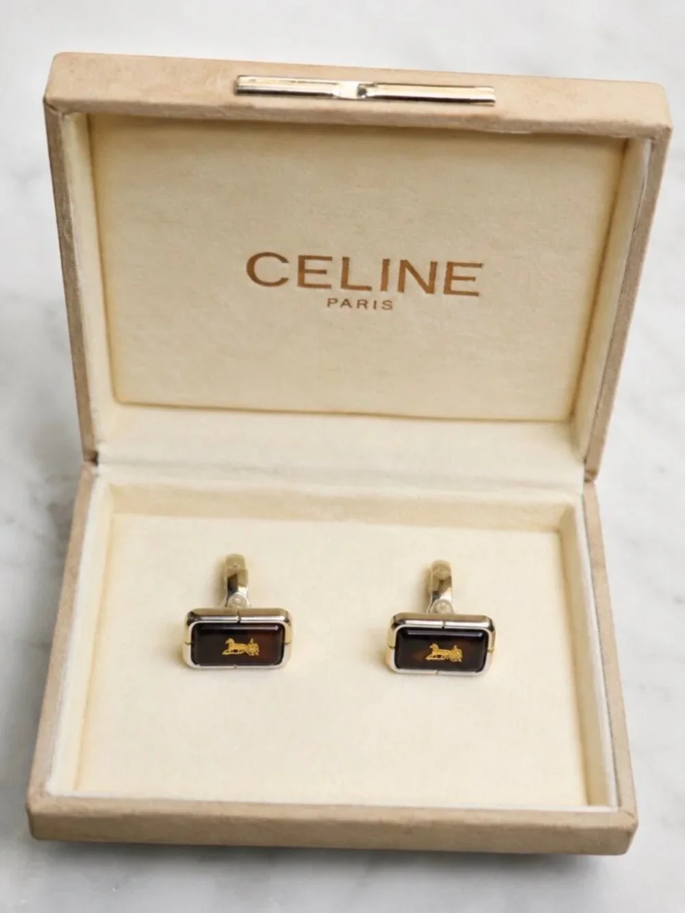 Vintage Celine Paris Horse & Carriage Cufflinks with Original Box